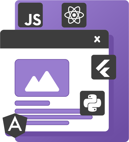 Illustration of web development showing a website and some development technologies