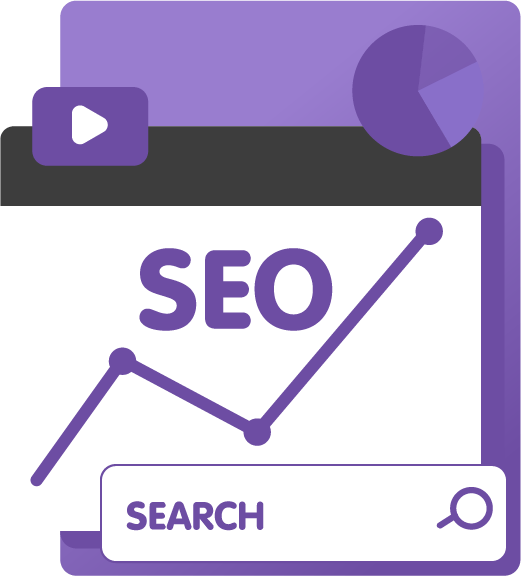 Illustration of SEO optimization showing the word SEO with a search engine and statistics